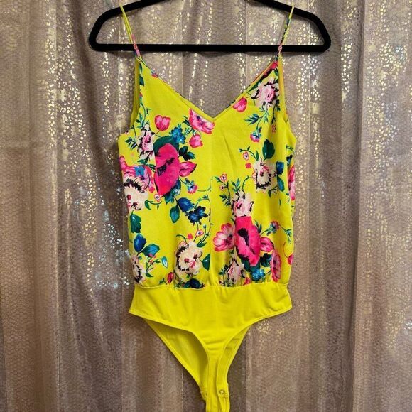 Express Bright Yellow Hot Pink Floral Summer Tank Top Bodysuit Small - Picture 2 of 8